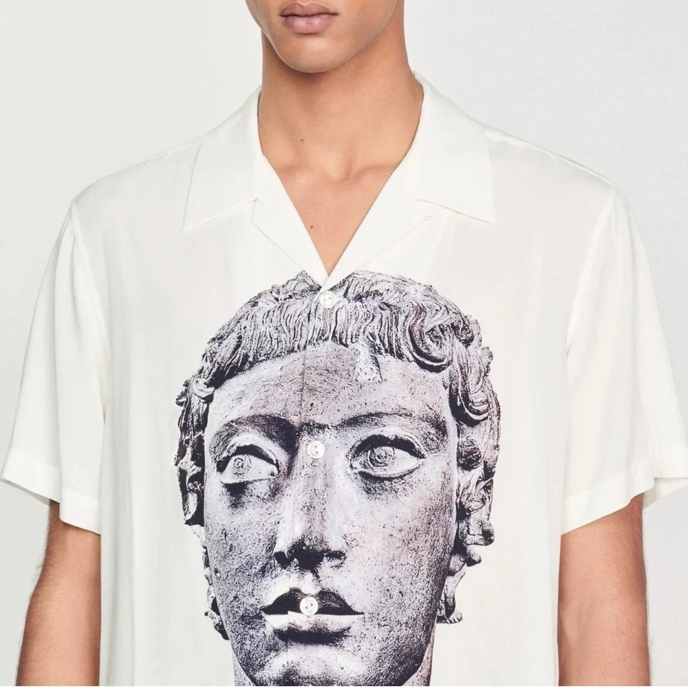 Sandro Paris Greco Roman Statue Print Camp Collar Shirt Men’s Medium - Picture 2 of 3